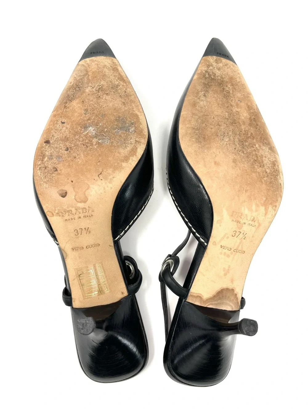 Vintage Prada 90s Black Leather Pointed Toe Grommet Slingback Kitten Heels 37.5 - Picture 9 of 10